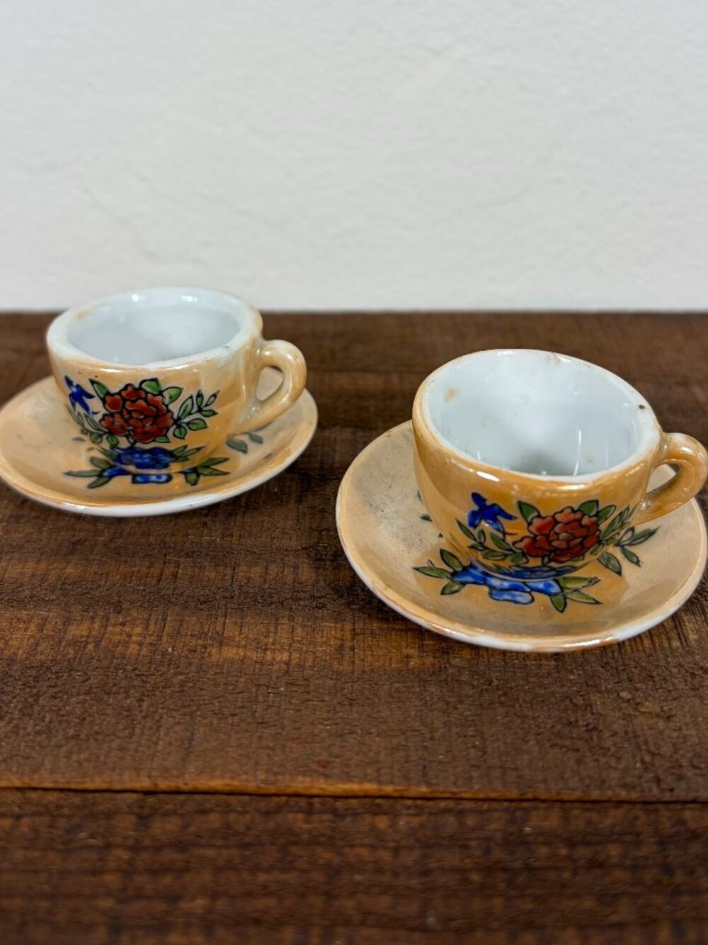 Vintage MCM Hand-painted Lusterware Child's Floral Teacup And Saucer Set of Two
